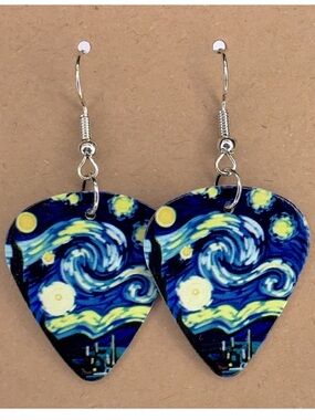 Starry Night Guitar Pick Dangle Earrings - Blue & Yellow